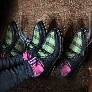 John Fluevog Thorp D-Ring Lace-up Shoes - Black/Green Plaid - Unisex - W9/M7